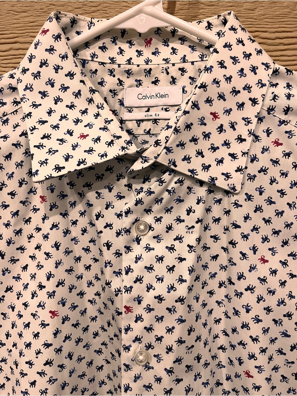 Calvin Klein Men's White Slim-Fit Shirt with Navy and Red Micro Print